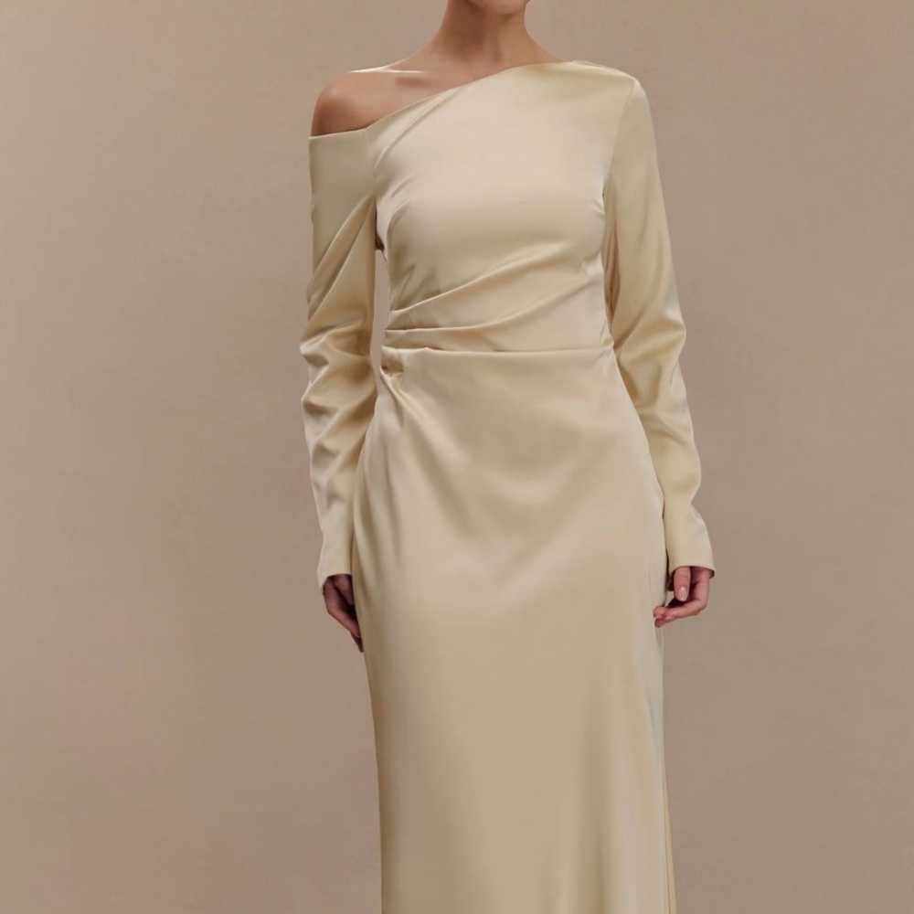 Meshki Cream Ruched One Shoulder Gown